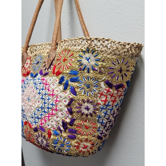 Vtg Straw Hand Woven Large Tote Bag Embroidered - Picture 2 of 4